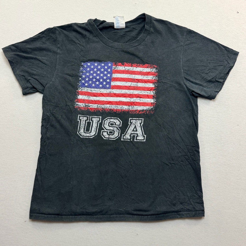 Port & Company T-Shirt Women Large Black Excellent USA Flag Distressed Graphic